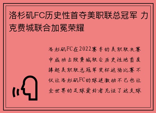 洛杉矶FC历史性首夺美职联总冠军 力克费城联合加冕荣耀 洛杉矶FC历史性首夺美职联总冠军 力克费城联合加冕荣耀